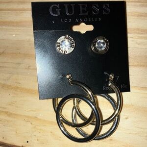 Guess Gold and Silver Tone Earrings Set 2 Pair Logo Etched New